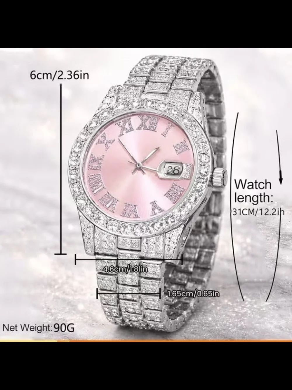 STAINLESS STEEL Rhinestone Iced Out Pink Watch 46mm Silver Bling